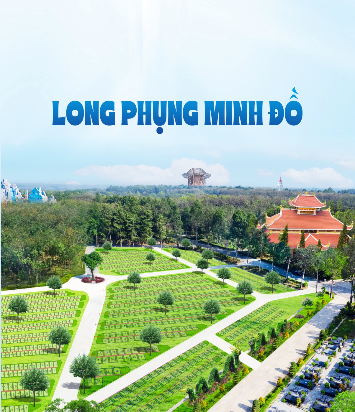 view of a traditional buddhist temple pagoda adjacent to peaceful memorial grounds in the morning mist